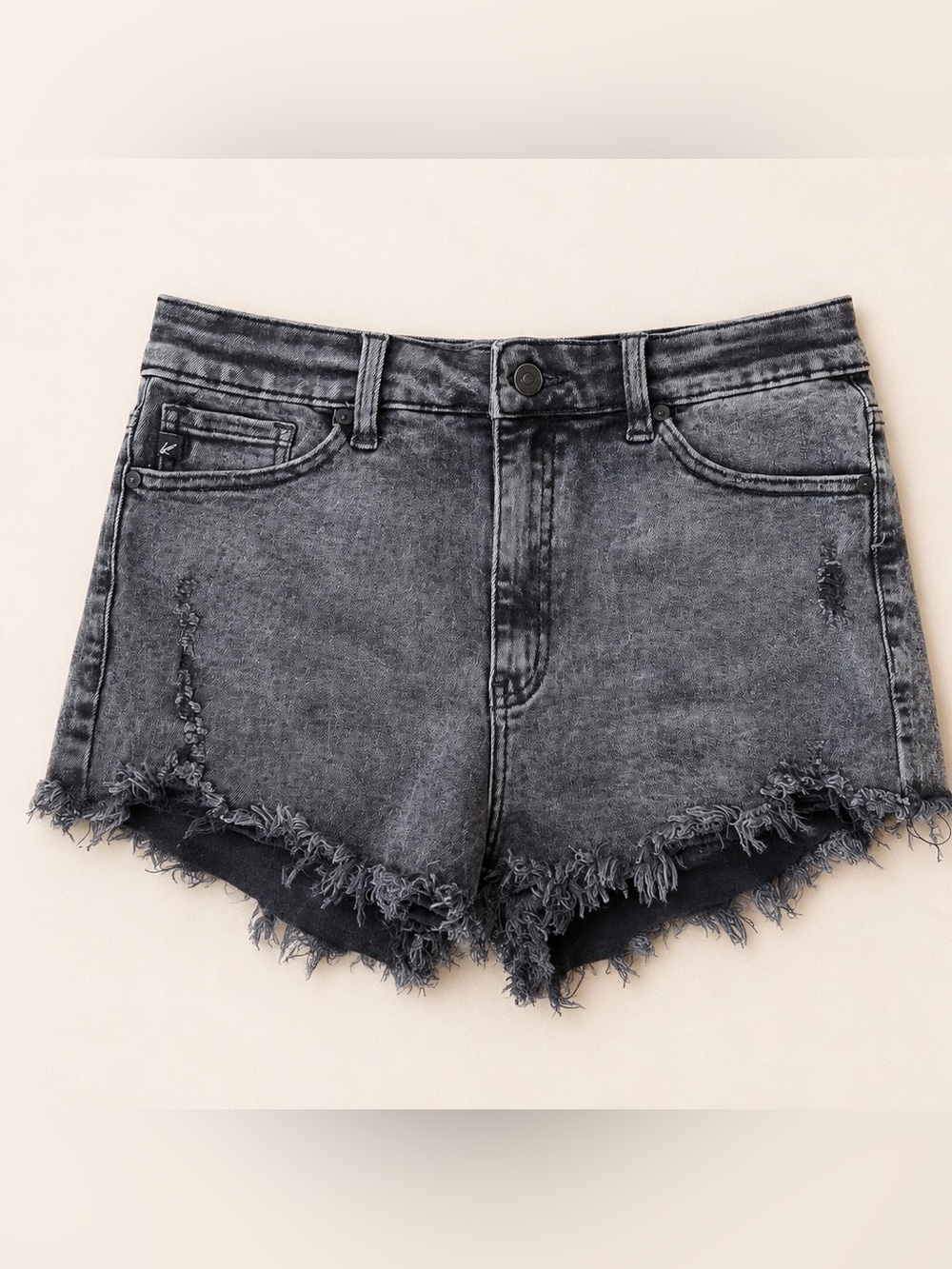 KanCan Washed Black Distressed Frayed Hem Stretch Denim Shorts / High Rise Large